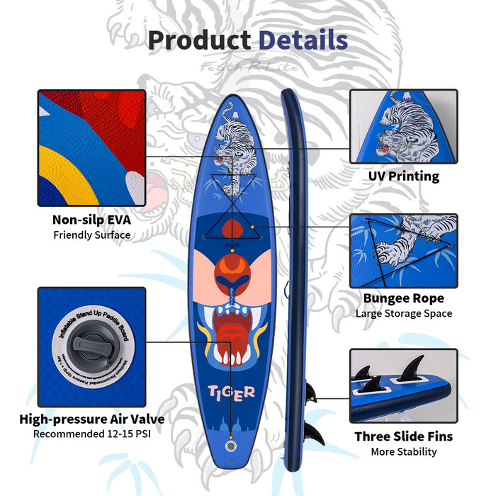 Tabla de surf hinchable de 11 pies, color azul tigre