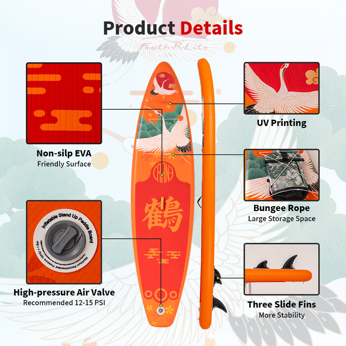 Tabla de surf hinchable con remo de 11 pies - Grulla Naranja