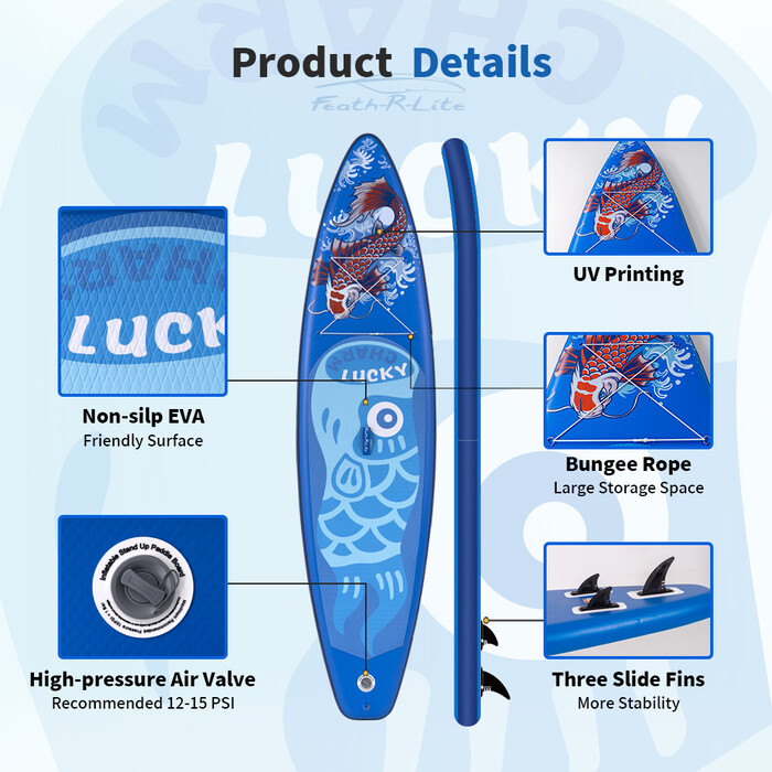 Tabla de surf hinchable con remo de 11 pies, color azul Lucky